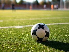 fokus på de fotboll boll i de Centrum av de fotboll fält.generativ ai. foto