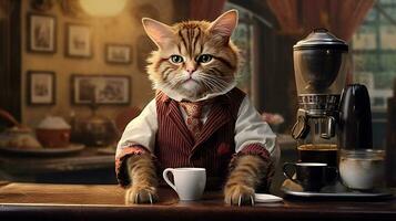 katt klädd Barista tjänande kaffe i de kaffe shop.generative ai. foto