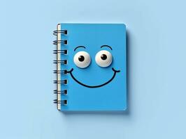 blå anteckningsbok ark med smiley magnet på vit bakgrund.generativ ai. foto