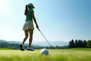 golfspelare spelar golf på de kurs med blå himmel.generativ ai. foto