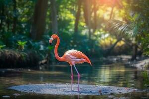 rosa flamingo promenader bredvid de flod i de skog .generativ ai. foto