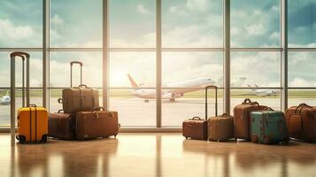 reser bagage i flygplats terminal med passagerare plan flygande station.generativ ai. foto