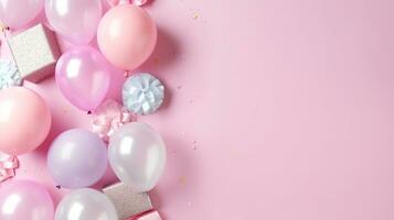 pastell rosa bakgrund med färgrik ballonger, kopia rymd, födelsedag eller fest hälsning card.generative ai. foto