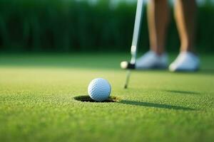 golfspelare sätta golf boll på de grön golf med blå himmel.generativ ai. foto