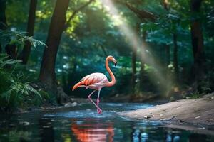 rosa flamingo promenader bredvid de flod i de skog .generativ ai. foto