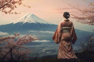 kvinna bär en kimono med körsbär blommar och fuji berg.generativ ai. foto
