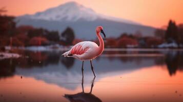 flamingo på flod med solnedgång berg bakgrund.generativ ai. foto