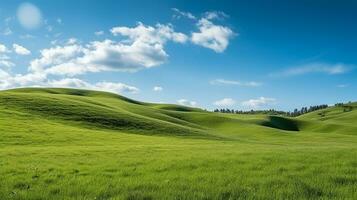 gräs- kullar med blå himmel.generativ ai. foto