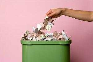 hand kasta skrynkliga papper i de återvinning bin.generative ai. foto