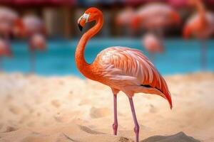 skön flamingos på de sandig strand.generativ ai. foto