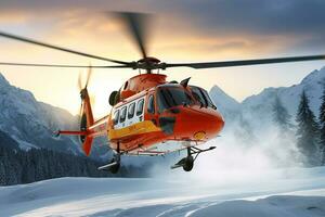 snö berg rädda helikopter är tar off.generative ai. foto