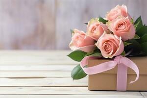 topp se rosa ro och gåva låda på vit trä- tabell.generativ ai. foto