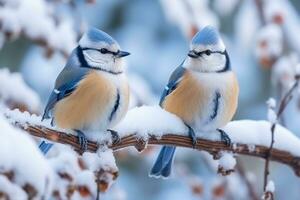 mes fåglar på gren med snö vinter.generativ ai. foto