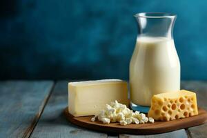 mjölk i glas flaska med ost på blå trä- bakgrund .generativ ai. foto