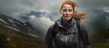 kvinna i de bergen med ryggsäck foto