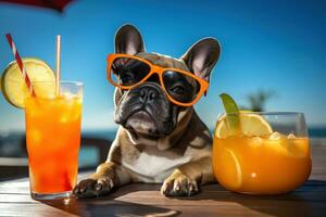 rolig hund med cocktail på de strand foto