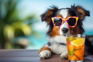 rolig hund med cocktail på de strand foto