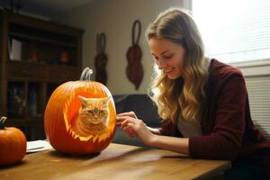 kvinna snider pumpa för halloween foto