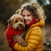 flicka i en gul Tröja med lockigt hår kramas en hund foto
