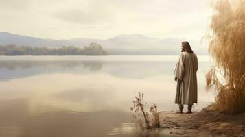 Jesus gående mot en kanot i de sjö foto