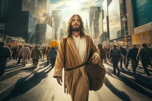 Jesus är stående i en övergångsställe med en cab foto