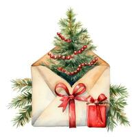 vattenfärg kuvert och en jul träd foto