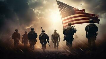 en grupp av soldater är löpning ett huvud av en oss flagga foto