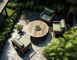 en grön bostads- trädgård terrass scen med utomhus- möbel foto