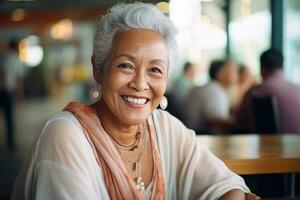 leende senior kvinna i en restaurang foto