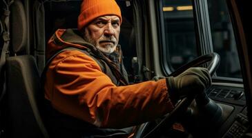 en lastbil förare är körning en lastbil med ett orange väst foto