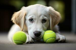 hund tar av hans koppel och spelar med grön boll foto