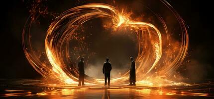 två män gående i en cirkel med flamma på svart bakgrund foto