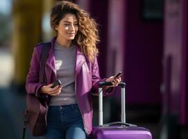 affärskvinna bärande bagage gående runt om med mobil telefon i de flygplats foto