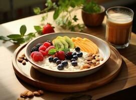 frukost tallrik med frukt och mat foto