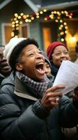 glad grupp caroling i de grannskap foto