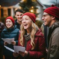 glad grupp caroling i de grannskap foto