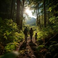 familj vandring genom frodig skog foto