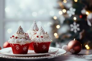 jul muffins och röd bär på jul bakgrund. generativ ai. foto