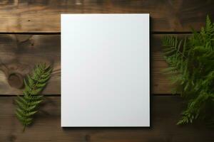 vit enkel papper attrapp på trä- tabell med lövverk dekor, ai genererad foto