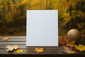 enkel vit papper på tabell med träd, höst bakgrund, ai genererad foto