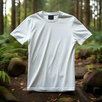 natur tema enkel vit tshirt attrapp med skog bakgrund, ai genererad foto