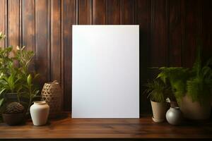 vit papper attrapp porträtt på trä- tabell med växter, ai genererad foto