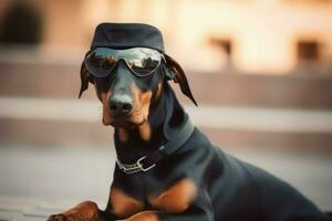 doberman hund hatt glasögon. generera ai foto