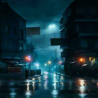 natt stadsbild Engulfed i ett olycksbådande regn, ai generativ foto