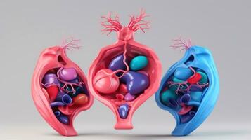 3d illustration attrapp av de mänsklig organ systemet, anatomi, nervös, cirkulations, matsmältning, utsöndring, urin, och ben system. medicinsk utbildning begrepp, generativ ai illustration foto