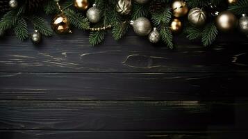 jul gran grenar och dekorationer på trä- styrelse. generativ ai. foto