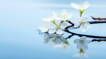 skön blomma blomning gren över de vatten med reflexion i en damm, närbild med mjuk fokus, generativ ai illustration foto