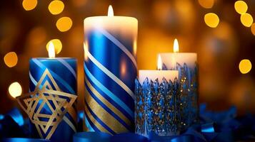 hanukkah festlig firande begrepp, glöd av de menora med lysande ljus och stjärna, generativ ai illustration foto