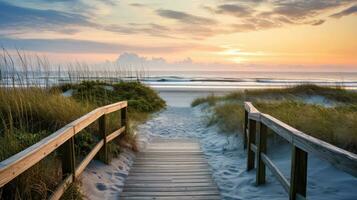 tömma trä- gångväg på de hav kust i de solnedgång tid, väg till strand, generativ ai illustration foto
