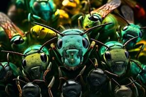 närbild av insekt öga och huvud med skön suddig bakgrund, generativ ai illustration foto